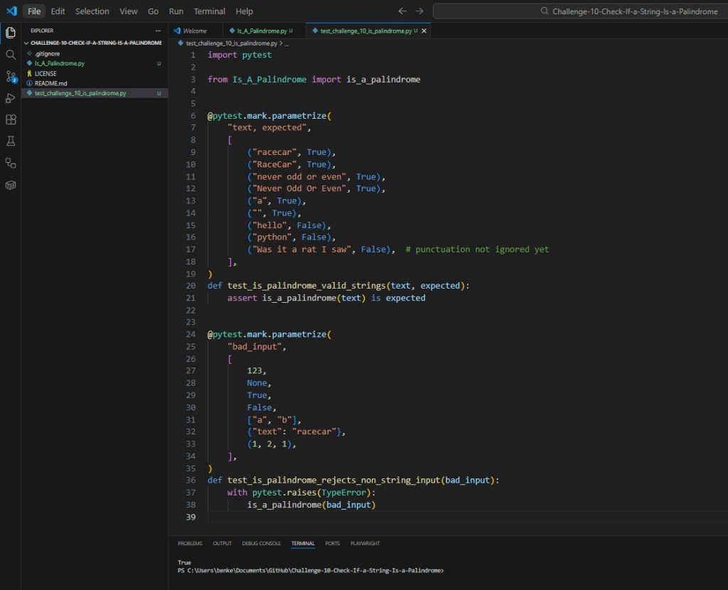 Python Challenge 10 Test Check if a string is a palindrome