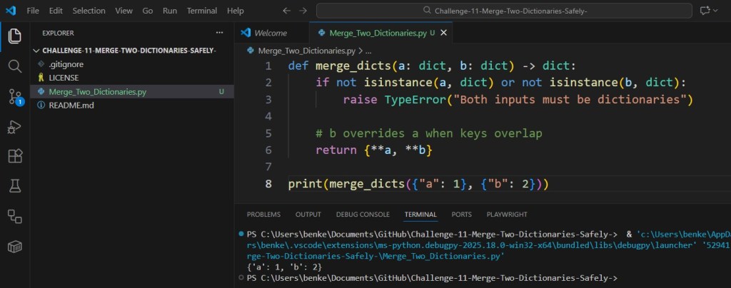 Python Challenge 11 Solution Merge two dictionaries safely