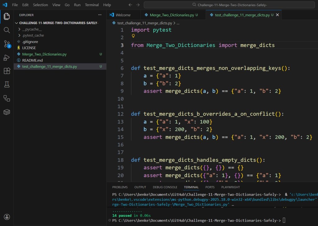 Python Challenge 11 Test Merge two dictionaries safely
