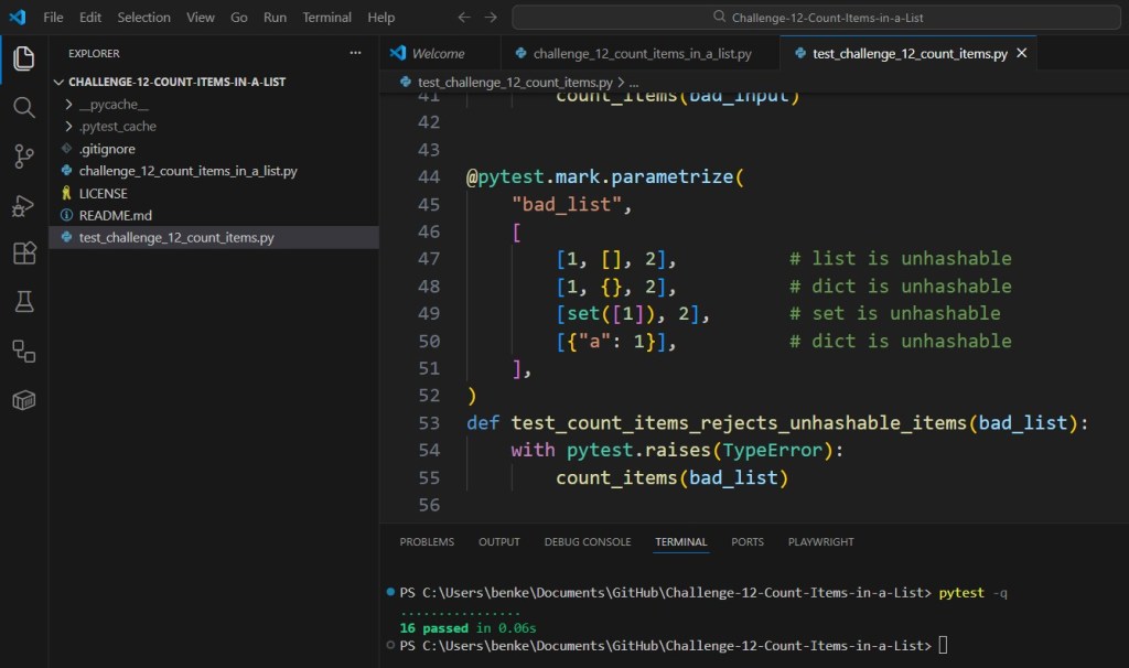 Python Challenge 12 Test Count items in a list