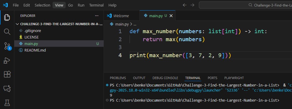Python Challenge 3 Solution Find the Largest Number in the List