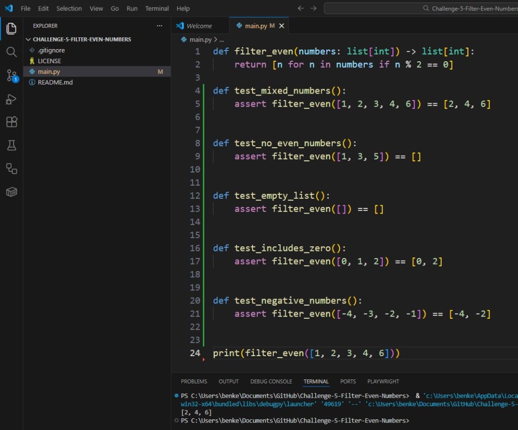 Python Challenge 5 Test Filter Even Numbers