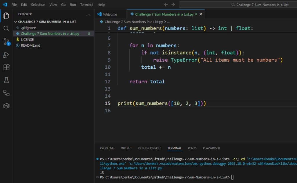 Python Challenge 7 Solution Sum Numbers In A List
