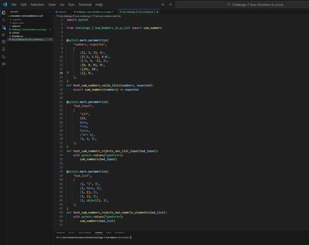 Python Challenge 7 Test Sum Numbers In A List
